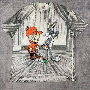 Vtg Loony Tunes Shirt Mens XL Gray Bugs Bunny Elmer Fud AOP Single Stitch 1992